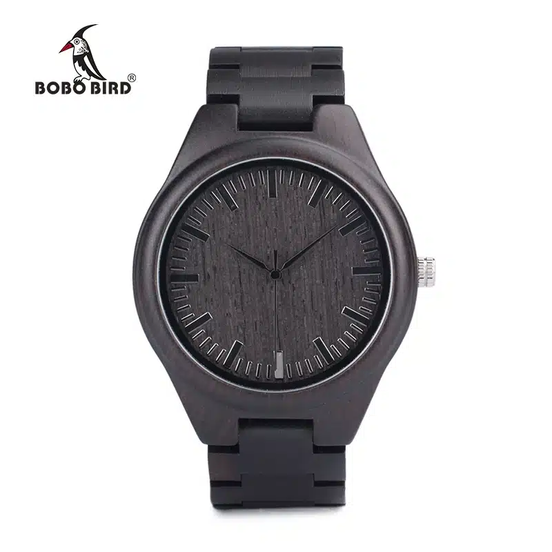 BOBO BIRD Mens Black Ebony Wooden Watches Wood Links Causal Quartz Wrist Watch in Gift Box custom logo 11