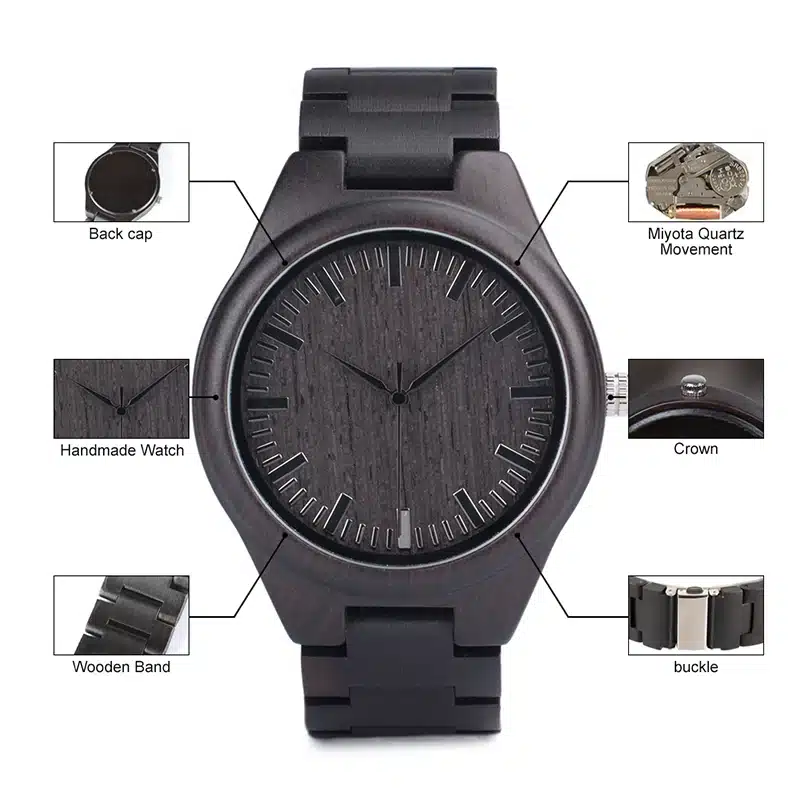 BOBO BIRD Mens Black Ebony Wooden Watches Wood Links Causal Quartz Wrist Watch in Gift Box custom logo 14
