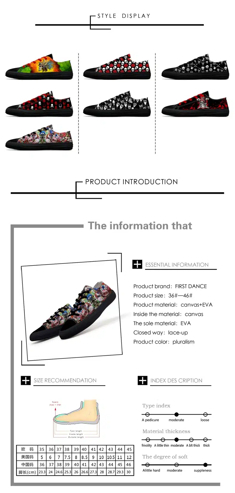 FIRST DANCE Spring Classic Canvas Shoes For Men Fashion Light Weight Skull Printed Black Shoes Casual Mens Hip Hop Shoes Flats 6