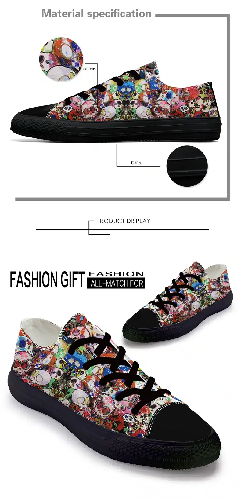 FIRST DANCE Spring Classic Canvas Shoes For Men Fashion Light Weight Skull Printed Black Shoes Casual Mens Hip Hop Shoes Flats 7