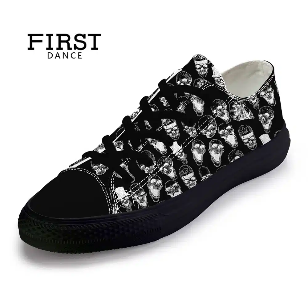 FIRST DANCE Spring Classic Canvas Shoes For Men Fashion Light Weight Skull Printed Black Shoes Casual Mens Hip Hop Shoes Flats 15