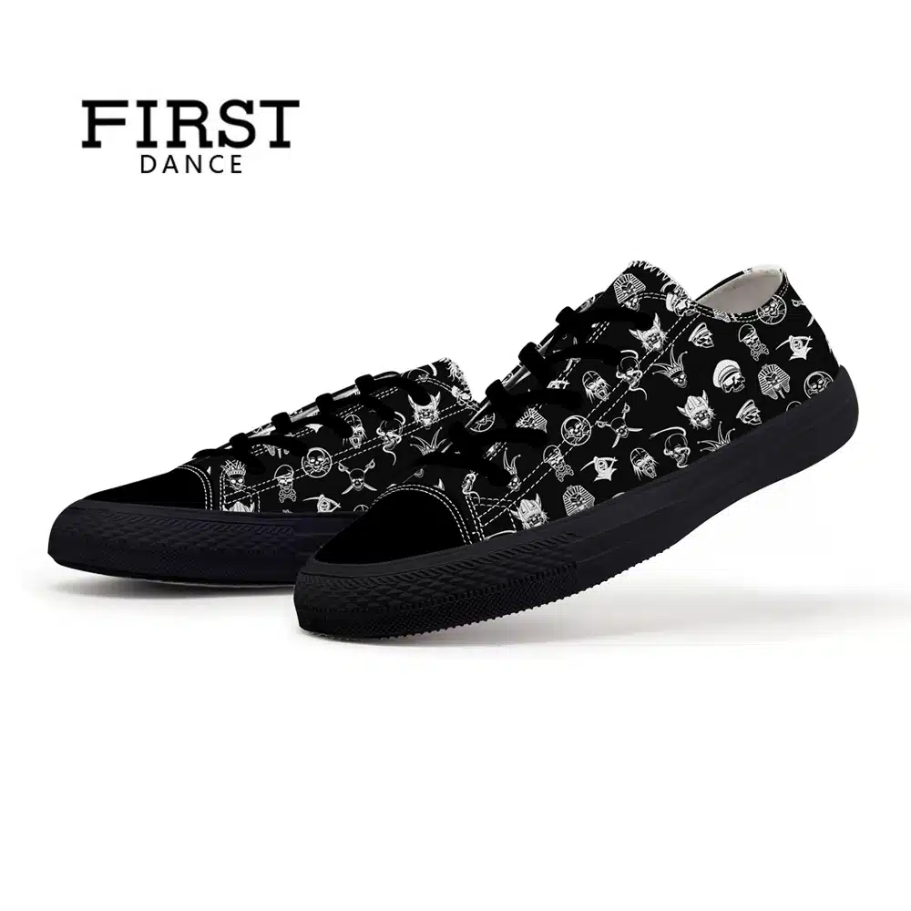 FIRST DANCE Spring Classic Canvas Shoes For Men Fashion Light Weight Skull Printed Black Shoes Casual Mens Hip Hop Shoes Flats 16