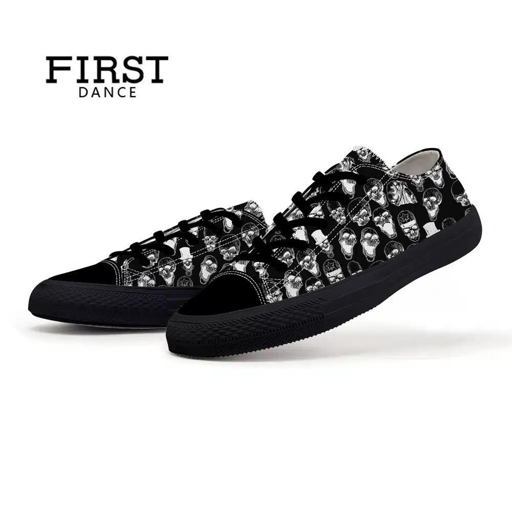 FIRST DANCE Spring Classic Canvas Shoes For Men Fashion Light Weight Skull Printed Black Shoes Casual Mens Hip Hop Shoes Flats 17