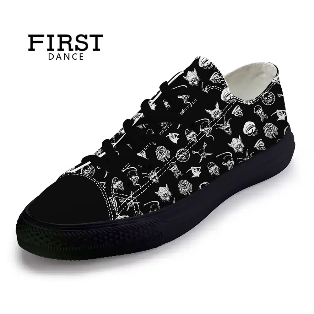 FIRST DANCE Spring Classic Canvas Shoes For Men Fashion Light Weight Skull Printed Black Shoes Casual Mens Hip Hop Shoes Flats 32