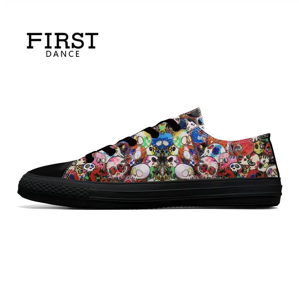 FIRST DANCE Spring Classic Canvas Shoes For Men Fashion Light Weight Skull Printed Black Shoes Casual Mens Hip Hop Shoes Flats 35