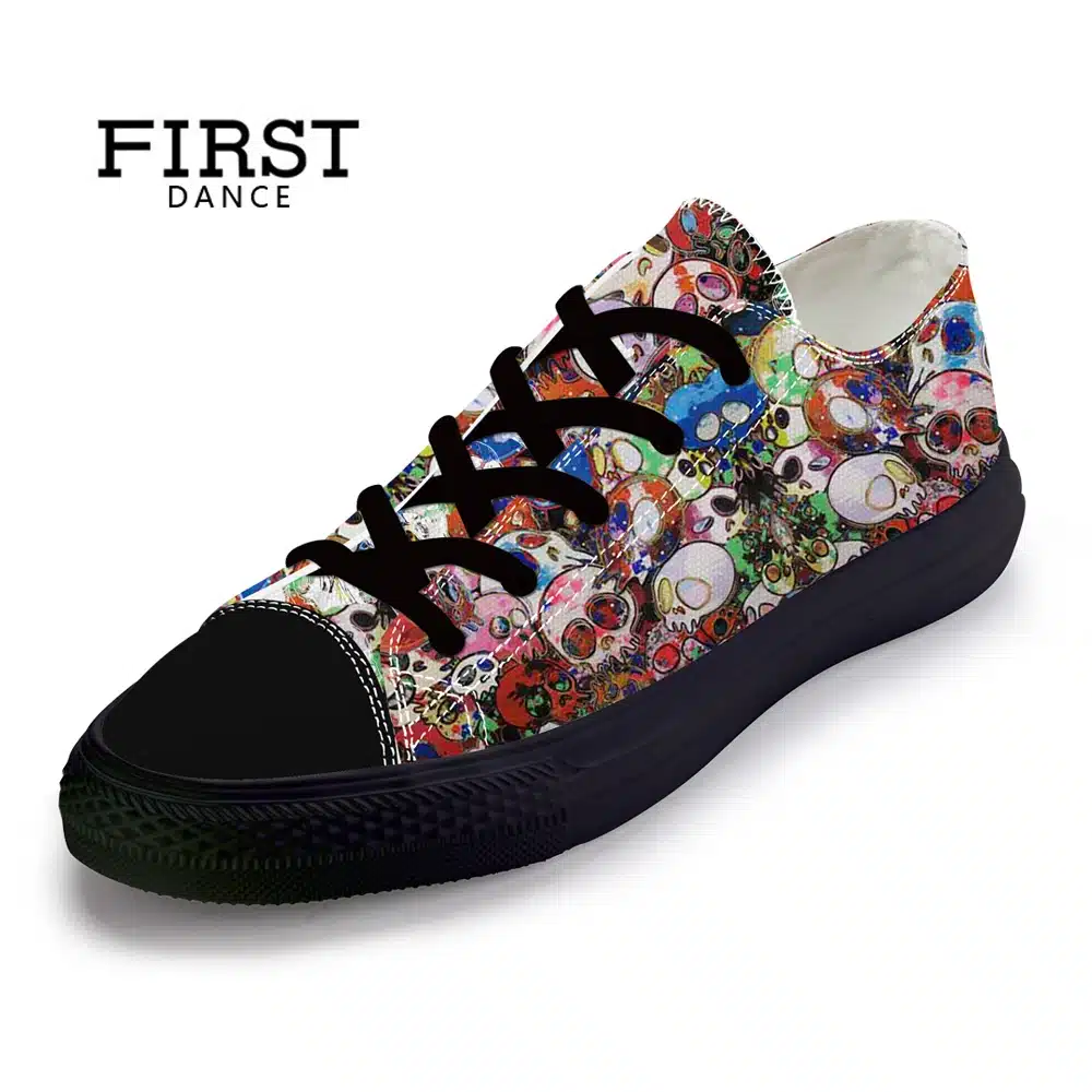 FIRST DANCE Spring Classic Canvas Shoes For Men Fashion Light Weight Skull Printed Black Shoes Casual Mens Hip Hop Shoes Flats 36