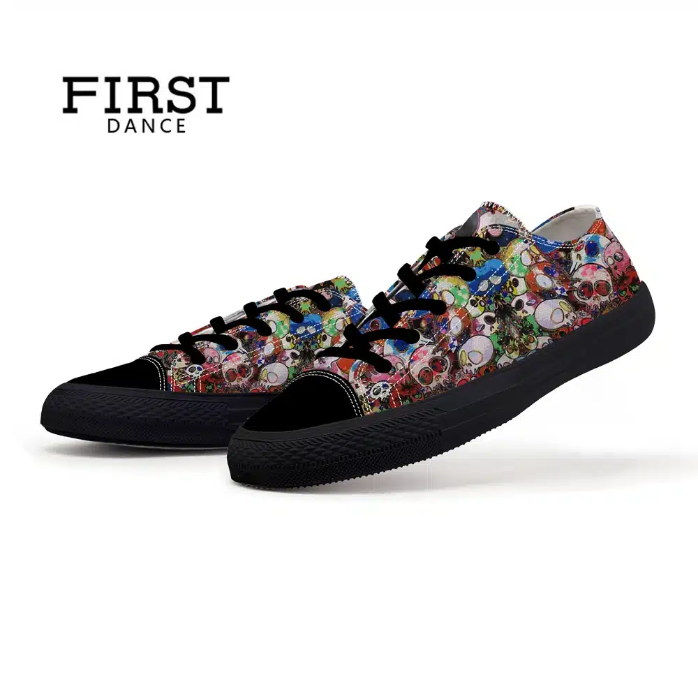 FIRST DANCE Spring Classic Canvas Shoes For Men Fashion Light Weight Skull Printed Black Shoes Casual Mens Hip Hop Shoes Flats 37