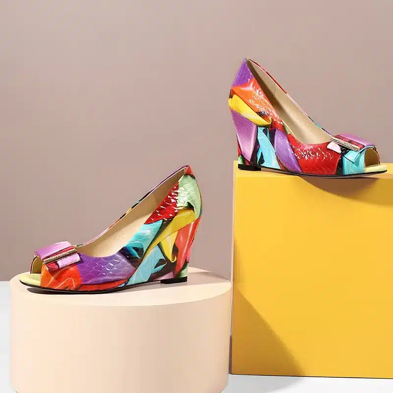 EGONERY fashion pumps shoes 2018 summer women genuine leather high heels wedges peep toe party shoes plus size lady dance pumps 11