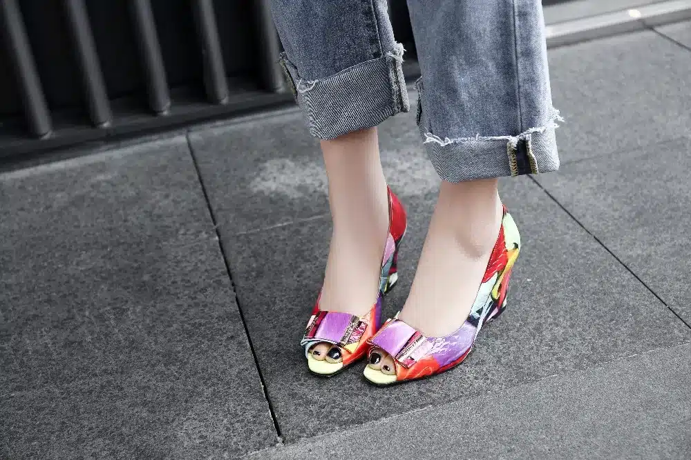 EGONERY fashion pumps shoes 2018 summer women genuine leather high heels wedges peep toe party shoes plus size lady dance pumps 16