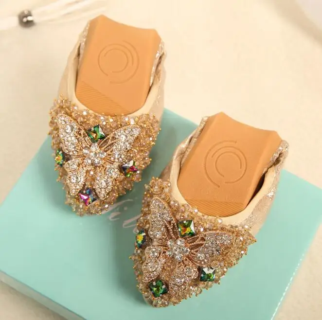 Big Size Women Flat Spring Butterfly Crystal Ballet Flats Foldable Shoes Casual Rhinestone Soft Dancing Egg Roll Up Shoes C228 10