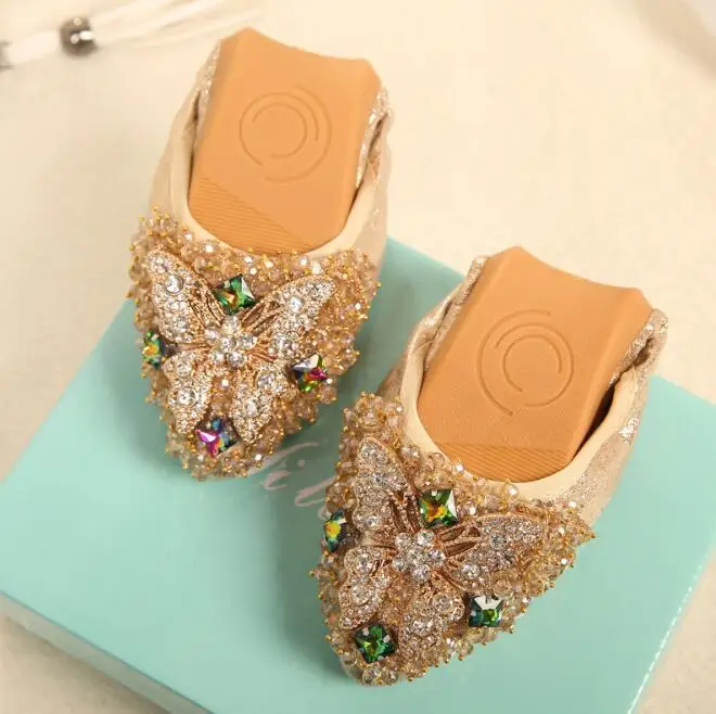 Big Size Women Flat Spring Butterfly Crystal Ballet Flats Foldable Shoes Casual Rhinestone Soft Dancing Egg Roll Up Shoes C228 14