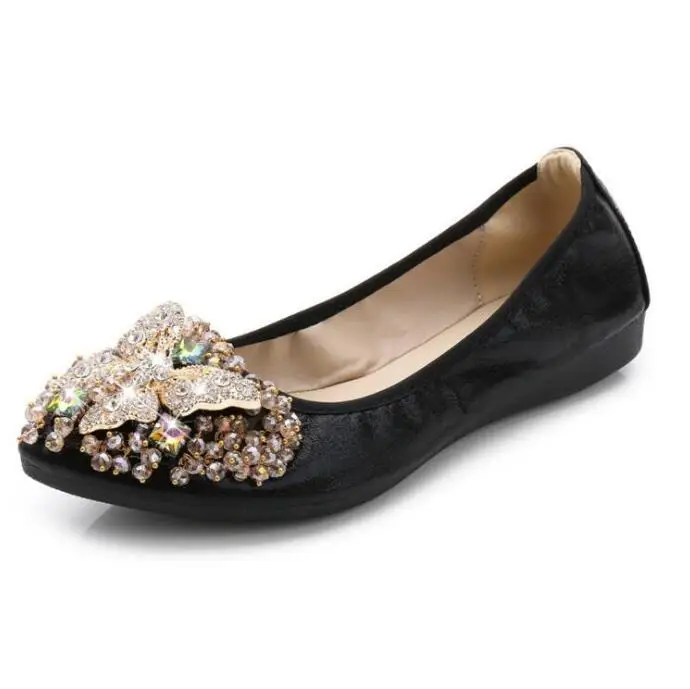Big Size Women Flat Spring Butterfly Crystal Ballet Flats Foldable Shoes Casual Rhinestone Soft Dancing Egg Roll Up Shoes C228 15