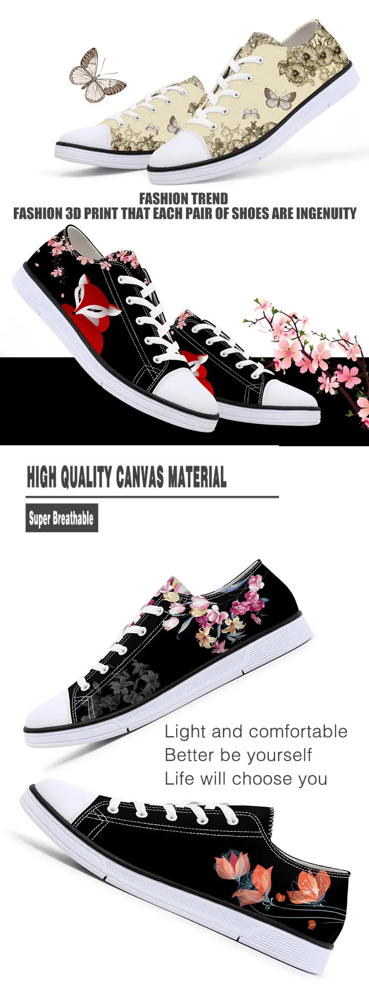 FIRST DANCE Fashion Women Fox Spirit Printed Shoes Classic Canvas Pattern Female Shoes White Floral Walking Floral Lace up Shoes 6