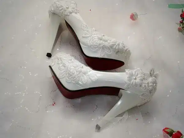 Extra high 11cm heels woman wedding shoes white, platforms red soles sexy round toe lace flower bridal dance pumps sales 15