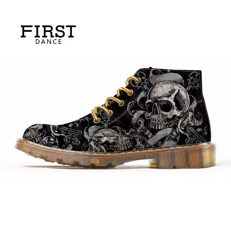 FIRST DANCE 2018 Fashion Mens Skull Shoes For Men Dr Martins Shoes Skeleton Print Black Nice Ankle Shoes Man Oxfords Spring Boot 8