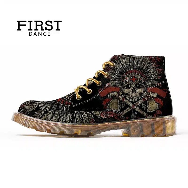 FIRST DANCE 2018 Fashion Mens Skull Shoes For Men Dr Martins Shoes Skeleton Print Black Nice Ankle Shoes Man Oxfords Spring Boot 18
