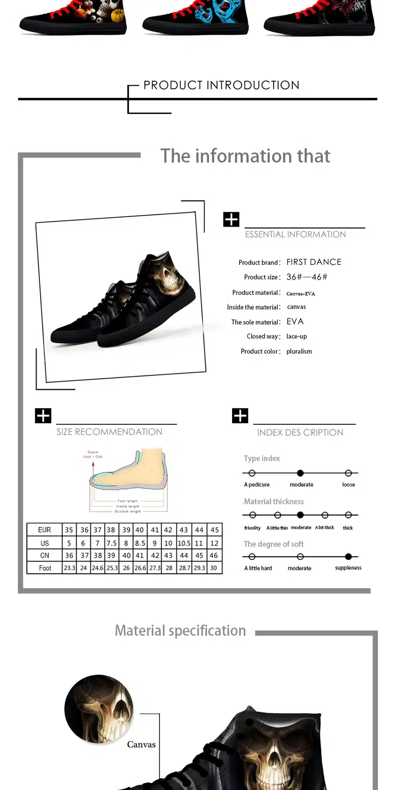 FIRST DANCE Casual Black Punk Skull High Top Shoes Men Classic High Canvas Shoes Fashion 3D Street Nice Printed Casual Shoes Men 6