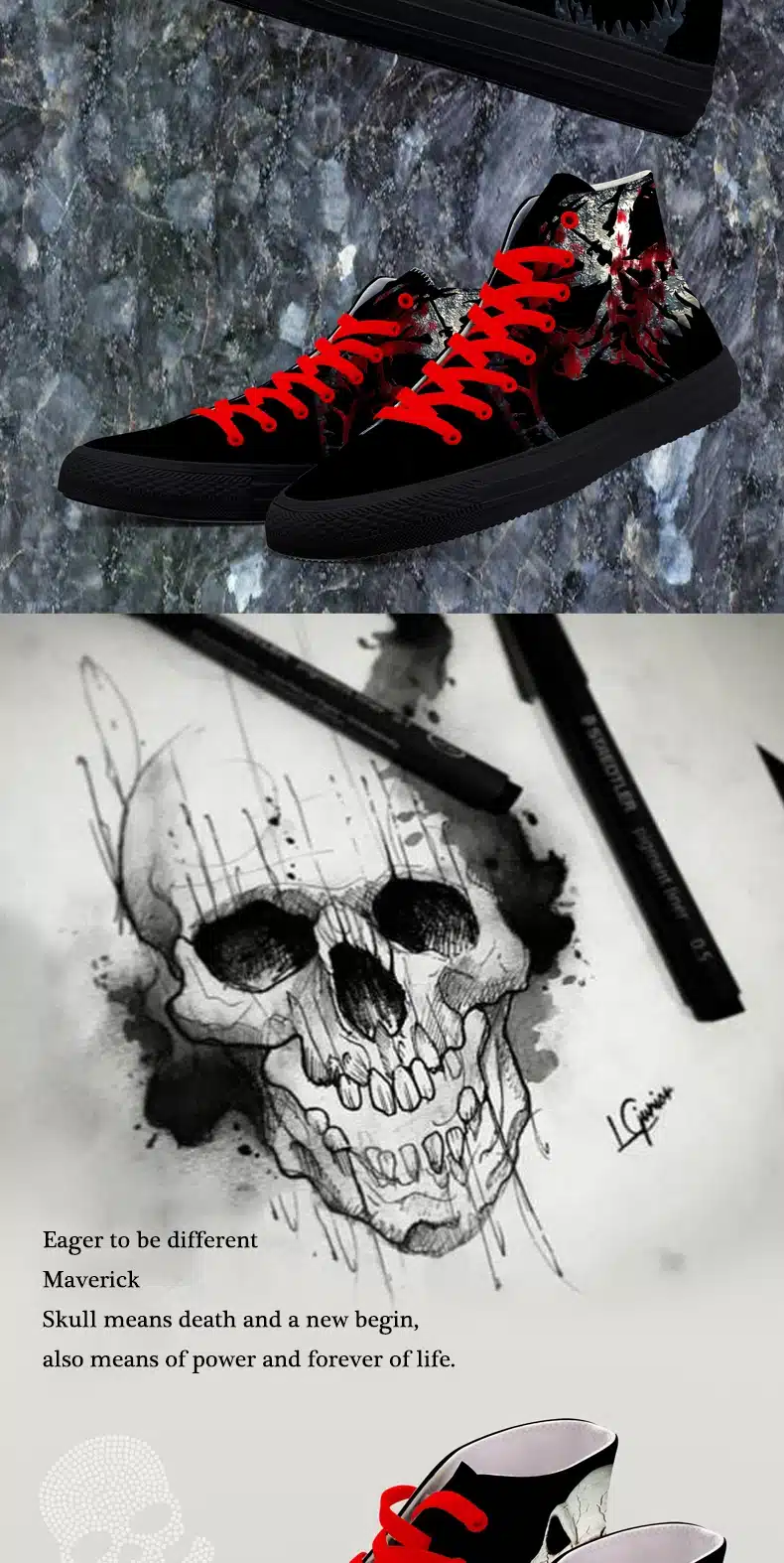FIRST DANCE Casual Black Punk Skull High Top Shoes Men Classic High Canvas Shoes Fashion 3D Street Nice Printed Casual Shoes Men 8