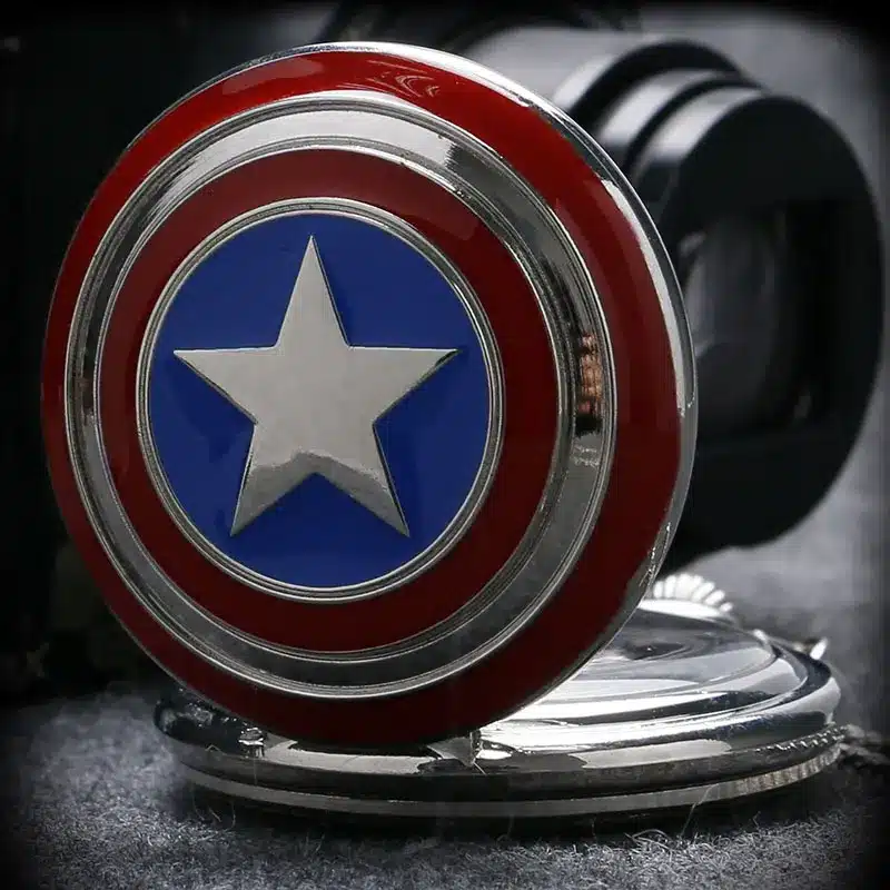 YISUYA Steampunk Captain America Avengers Shield Quartz Pocket Watch Set Necklace+Fob Chain+Gift Box for Men Boy 9