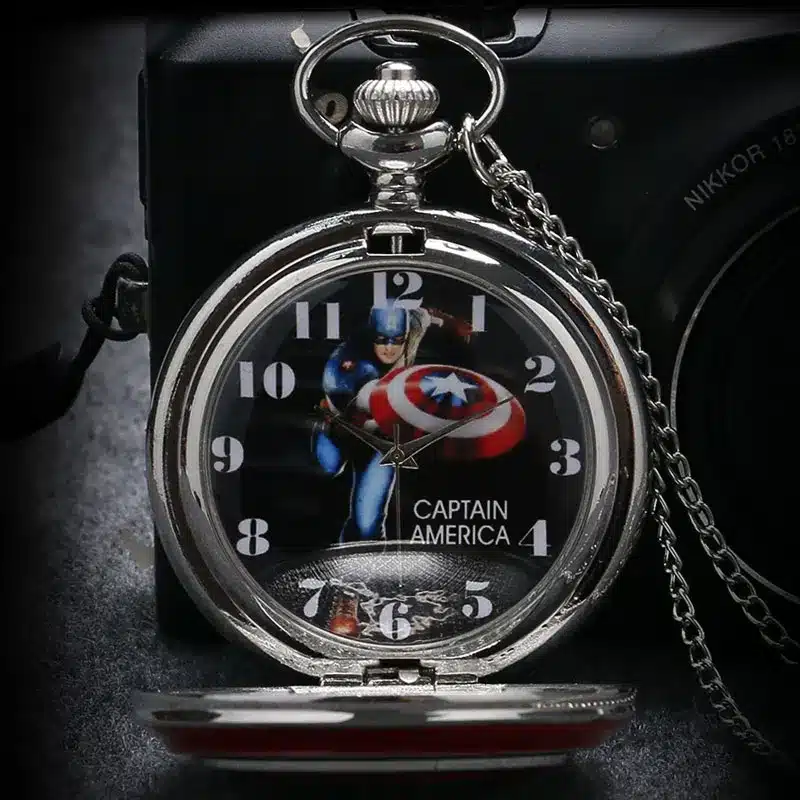 YISUYA Steampunk Captain America Avengers Shield Quartz Pocket Watch Set Necklace+Fob Chain+Gift Box for Men Boy 10