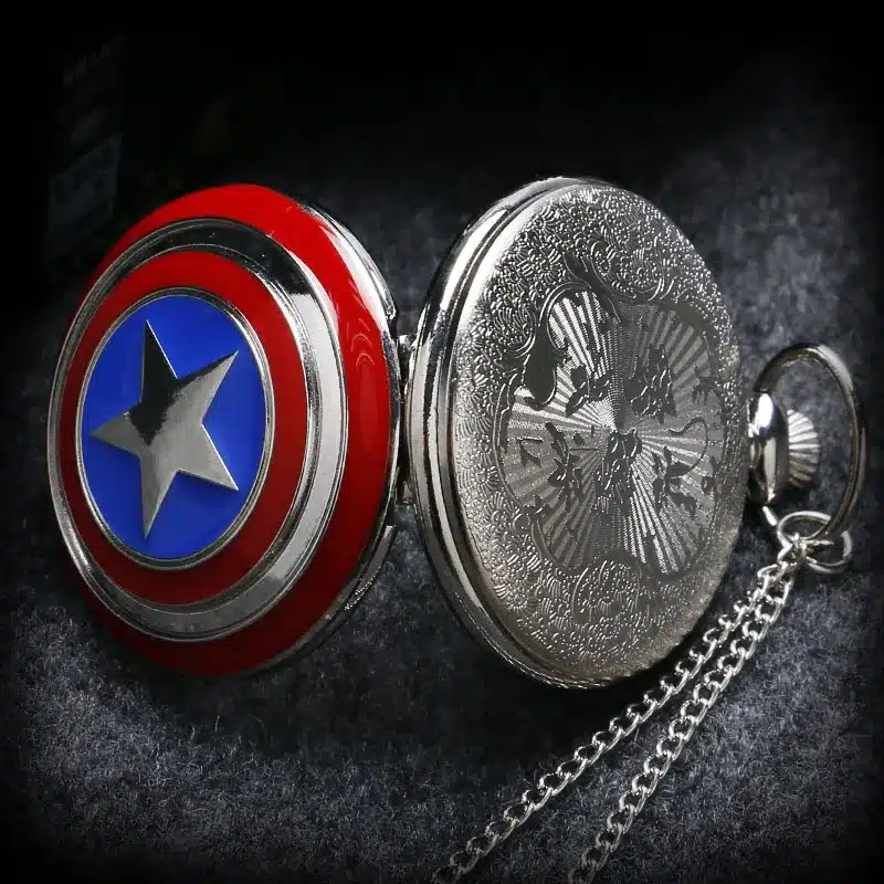 YISUYA Steampunk Captain America Avengers Shield Quartz Pocket Watch Set Necklace+Fob Chain+Gift Box for Men Boy 11