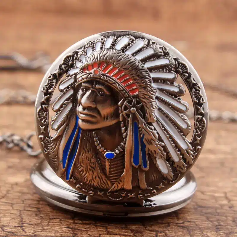 Antique Retro Indian People Copper Quartz Pocket Watch Chain Bronze Fob Watches for Men Gift Relogio De Bolso 10