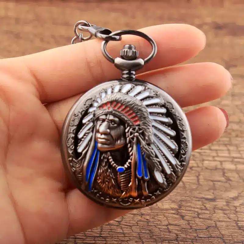 Antique Retro Indian People Copper Quartz Pocket Watch Chain Bronze Fob Watches for Men Gift Relogio De Bolso 13