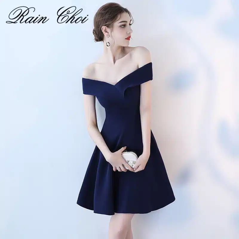 Real Picture Navy Prom Dresses 2018 Sexy Off Shoulder Prom Dress Short Party Boat Neck Simple Elegant Prom Gowns Evening 11