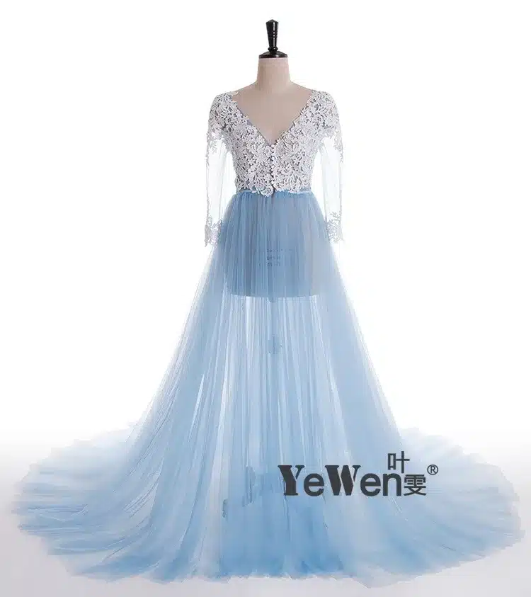 Lace Formal Pregnant Photo dress Long Sleeve See Through Blue Prom Evening Dresses Custom Size Plus Size 2018 Evening Dress 23