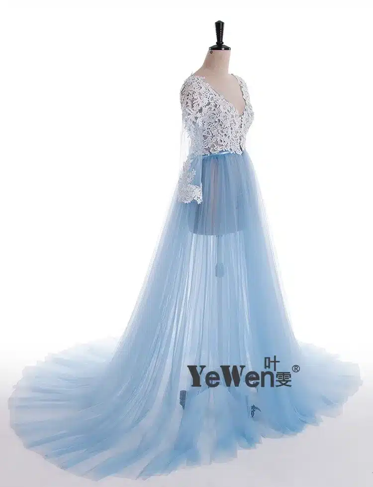 Lace Formal Pregnant Photo dress Long Sleeve See Through Blue Prom Evening Dresses Custom Size Plus Size 2018 Evening Dress 24