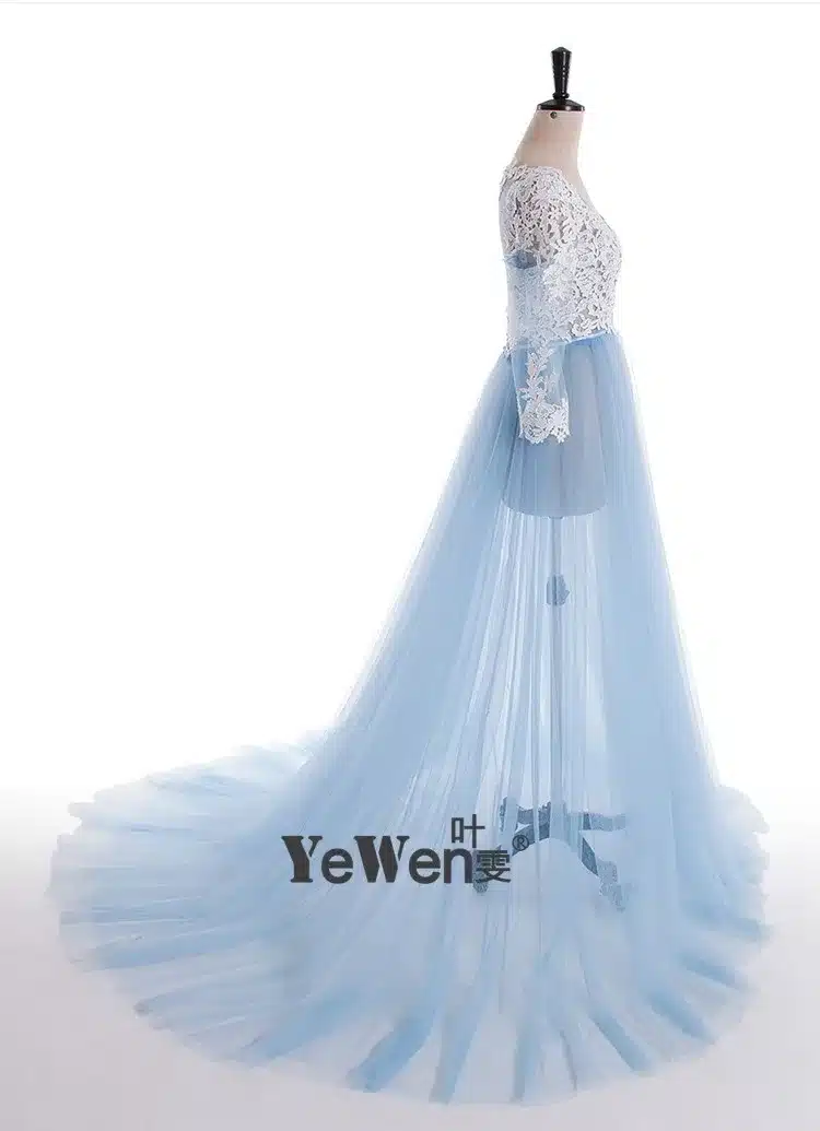 Lace Formal Pregnant Photo dress Long Sleeve See Through Blue Prom Evening Dresses Custom Size Plus Size 2018 Evening Dress 25