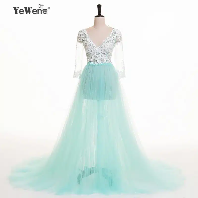Lace Formal Pregnant Photo dress Long Sleeve See Through Blue Prom Evening Dresses Custom Size Plus Size 2018 Evening Dress 30