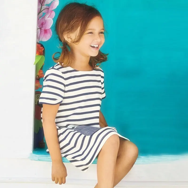 1-6 Years Baby Girls Dress 2018 New Blue Stripe Summer Dresses Cotton Casual Long Tops Kids Clothing KF047 2