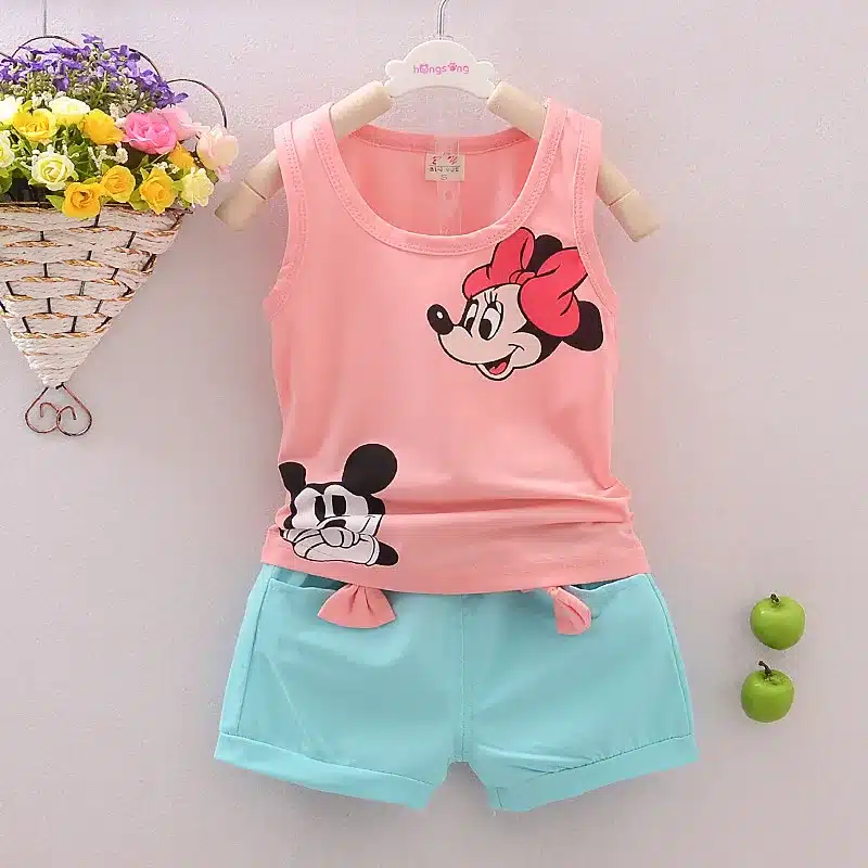 2018 new baby boys girls Clothes set Kid Minnie Vest +short pant summer style baby suits Children Clothing cartoon mickey sets 19