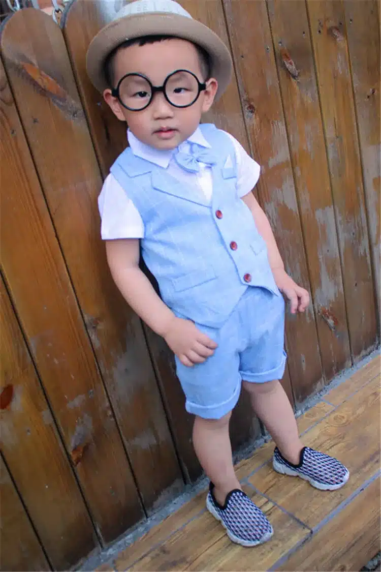 Baby Boys Clothing Sets 2018 New Summer Children Formal Wear Soft Short Shirt + Plaid Waist Coat + Shorts Kids 3PC Suits JJ010 5