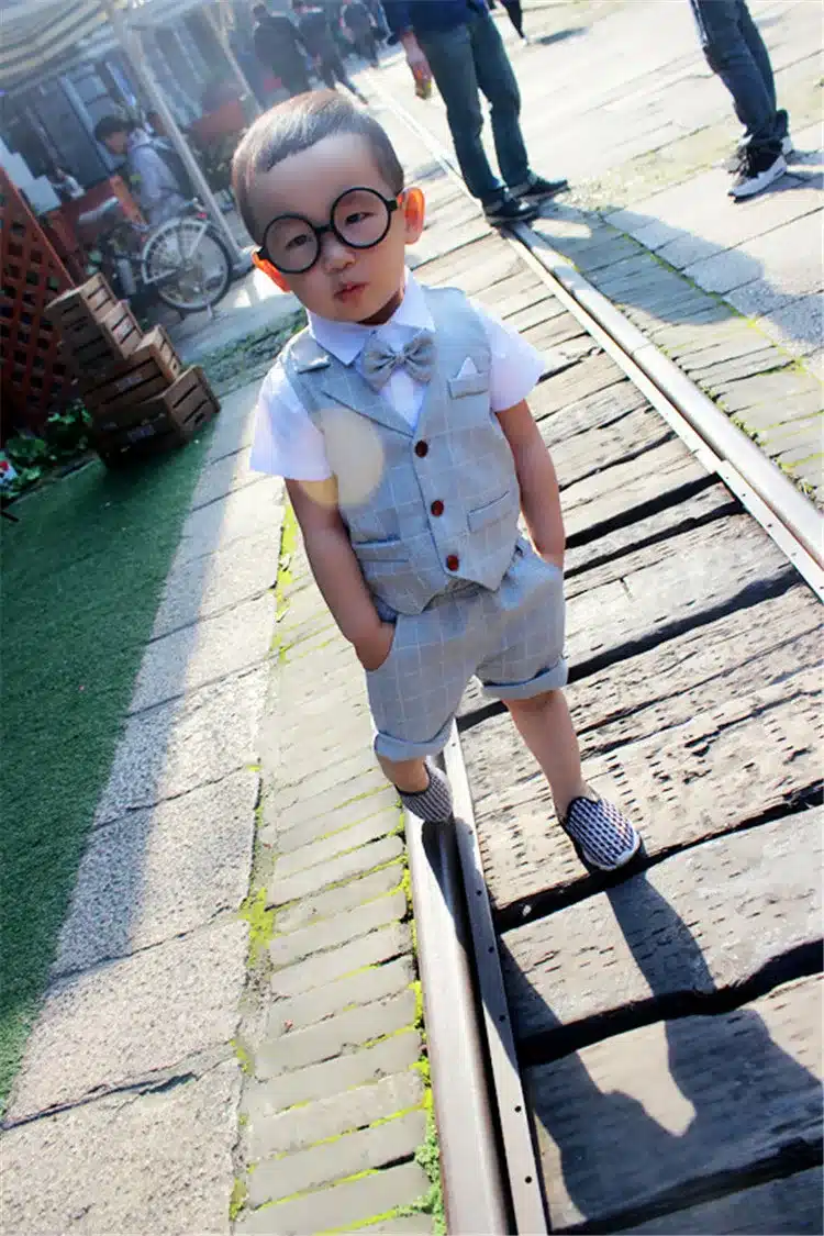 Baby Boys Clothing Sets 2018 New Summer Children Formal Wear Soft Short Shirt + Plaid Waist Coat + Shorts Kids 3PC Suits JJ010 12