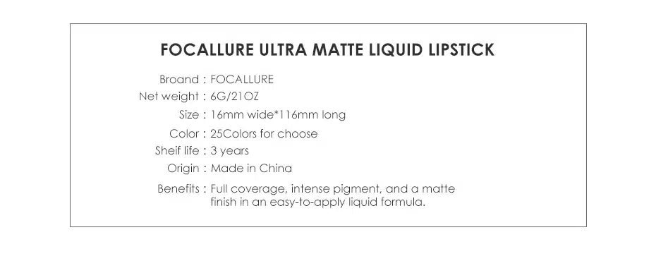 FOCALLURE 2018 Matte Lipstick 25 Colors Waterproof Lip Gloss Lip Makeup Cosmetic Beauty Smooth Lip Stick 24 Hours Long-lasting 11