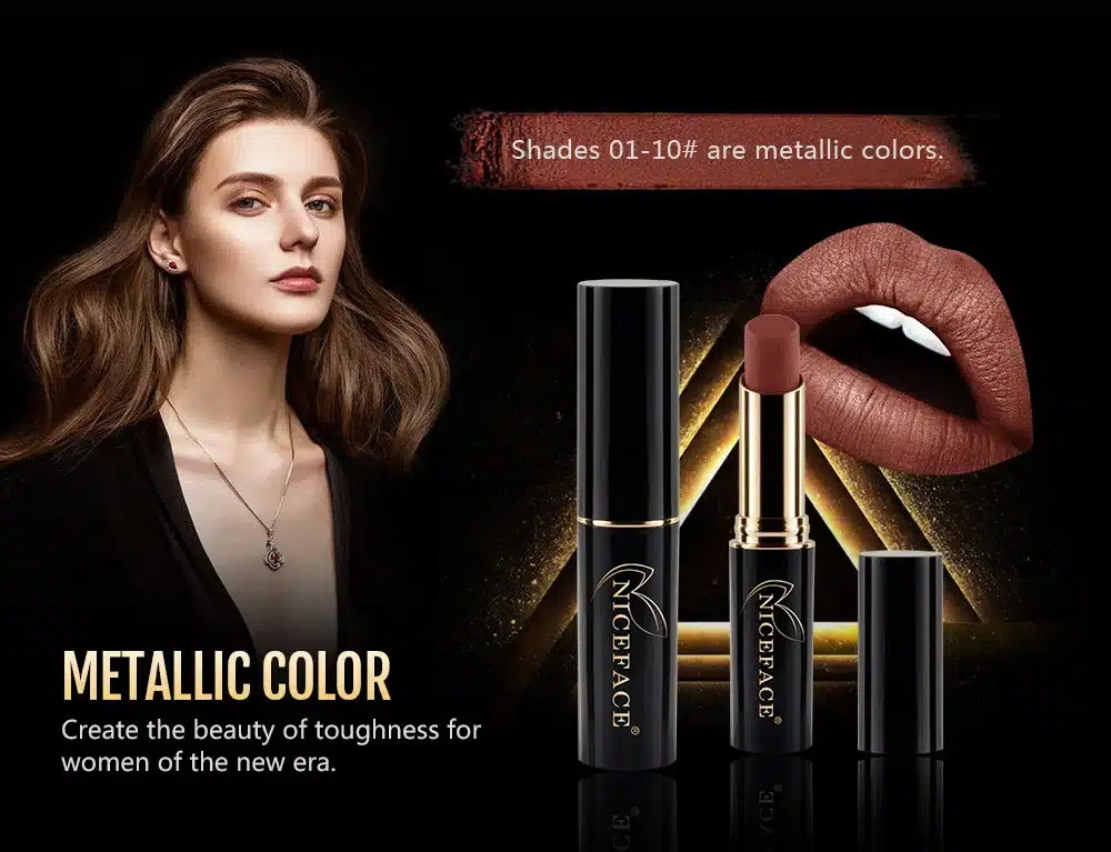 2018 NICEFACE 12 Colors Metallic Lip Stick Sexy Nude Lip Pigment Long-lasting Lipstick Matte Lip Gloss Moisturizer Smooth Makeup 12