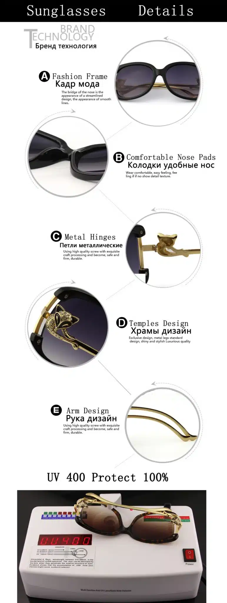 ETHAN Luxury Sunglasses Women Fashion Brand Designer Ladies Alloy Frame Gold Fox Decoration Sunglasses Girls 4 Colors Hot Sale 12