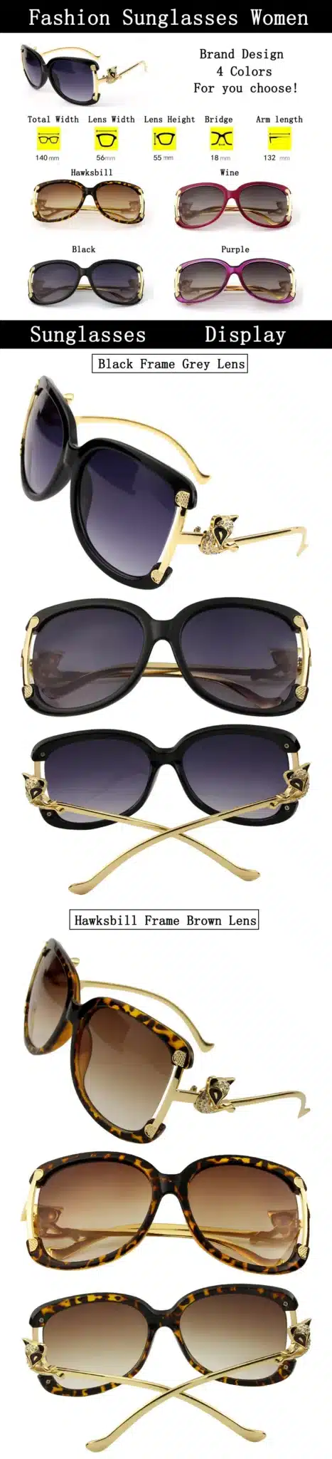 ETHAN Luxury Sunglasses Women Fashion Brand Designer Ladies Alloy Frame Gold Fox Decoration Sunglasses Girls 4 Colors Hot Sale 13