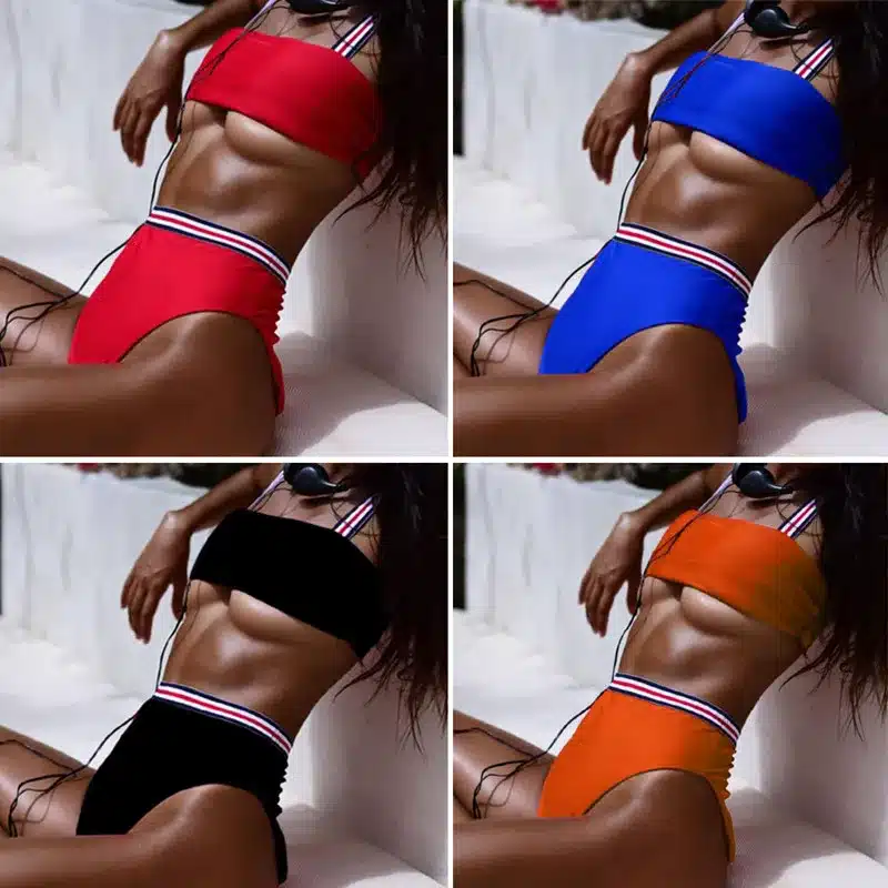Two Pieces Striped Swimsuit 2018 New Solid Sport Bikini Set High Waist Swimwear Bandeau Biquini Women Bathing Suit With Padded 14