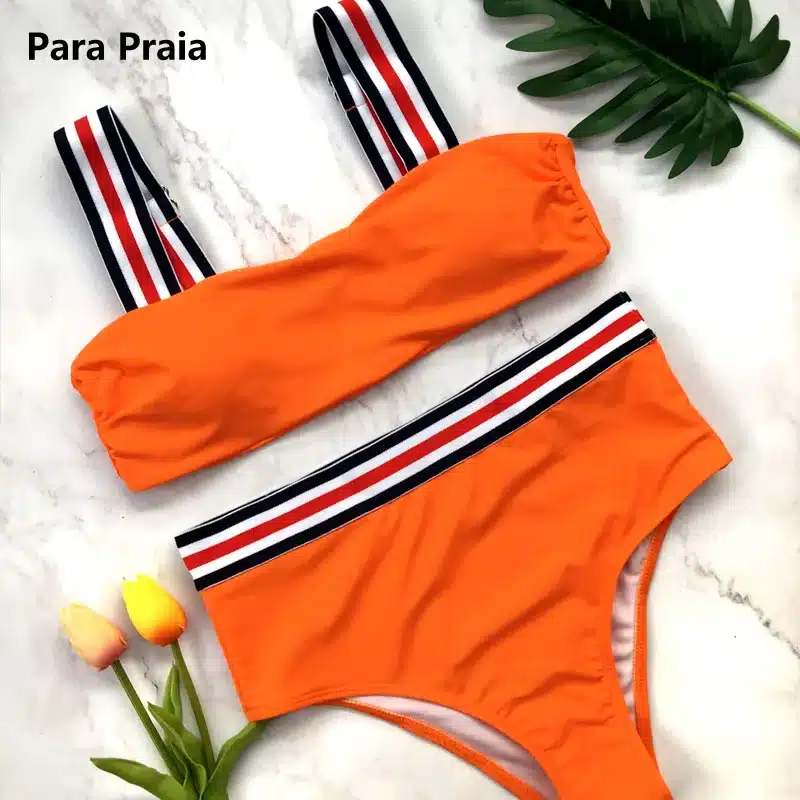 Two Pieces Striped Swimsuit 2018 New Solid Sport Bikini Set High Waist Swimwear Bandeau Biquini Women Bathing Suit With Padded 22