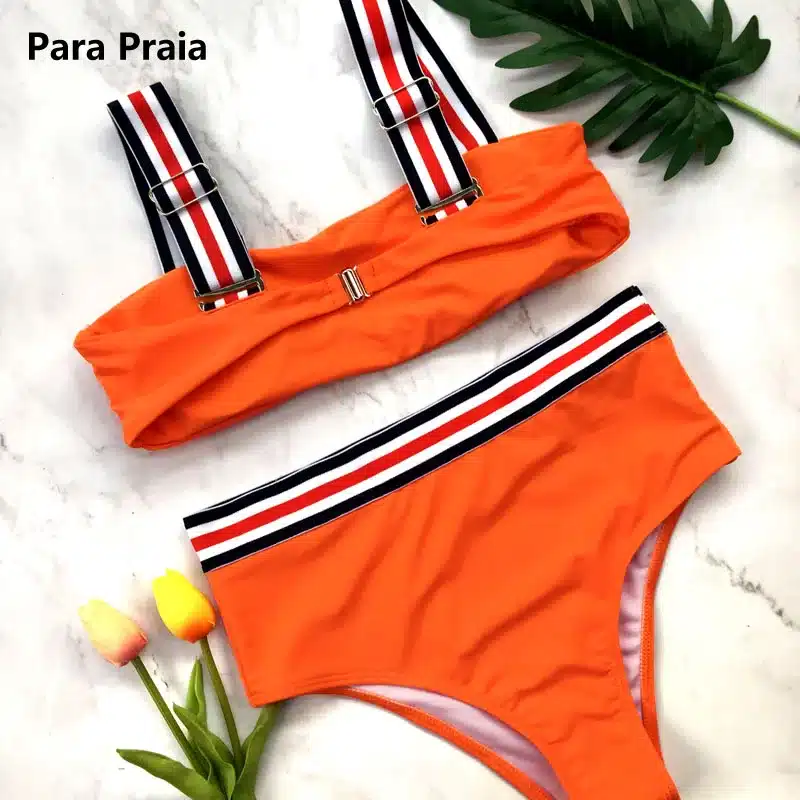 Two Pieces Striped Swimsuit 2018 New Solid Sport Bikini Set High Waist Swimwear Bandeau Biquini Women Bathing Suit With Padded 23