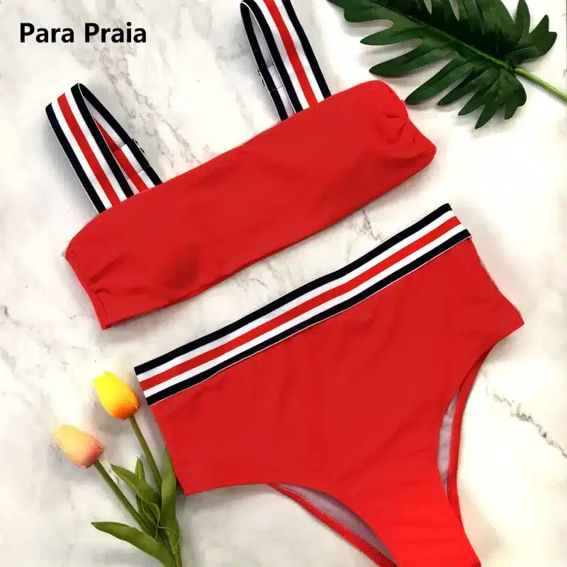 Two Pieces Striped Swimsuit 2018 New Solid Sport Bikini Set High Waist Swimwear Bandeau Biquini Women Bathing Suit With Padded 24