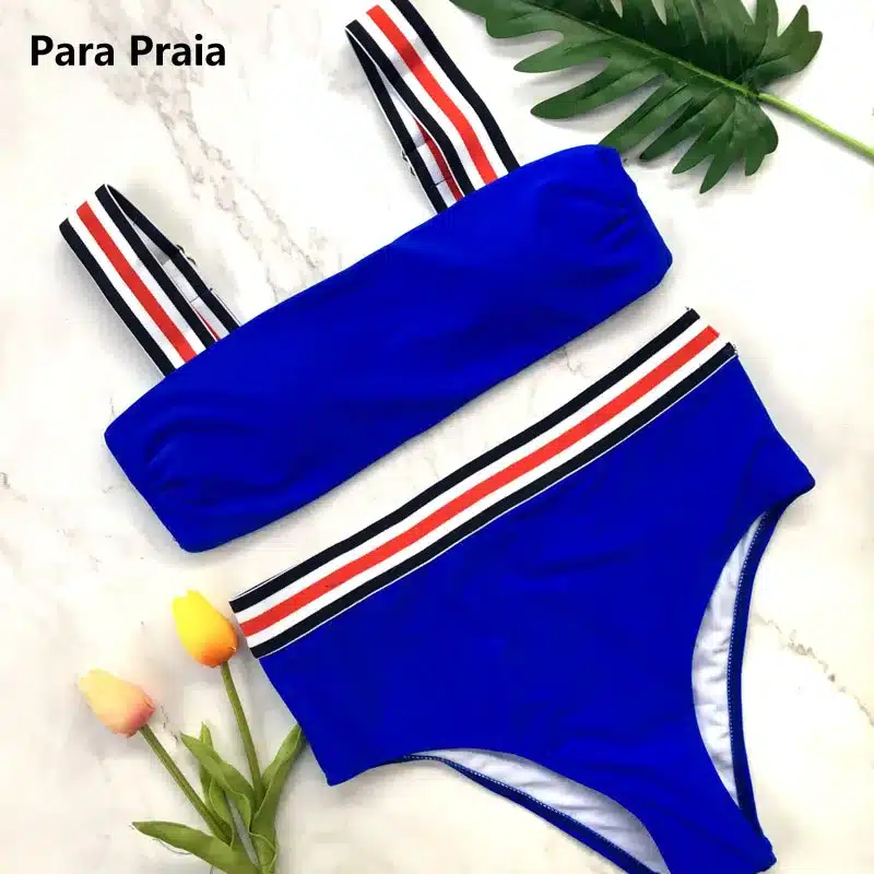 Two Pieces Striped Swimsuit 2018 New Solid Sport Bikini Set High Waist Swimwear Bandeau Biquini Women Bathing Suit With Padded 26