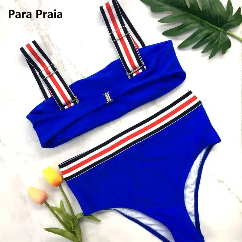Two Pieces Striped Swimsuit 2018 New Solid Sport Bikini Set High Waist Swimwear Bandeau Biquini Women Bathing Suit With Padded 27