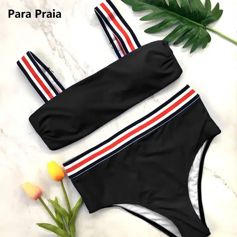 Two Pieces Striped Swimsuit 2018 New Solid Sport Bikini Set High Waist Swimwear Bandeau Biquini Women Bathing Suit With Padded 28