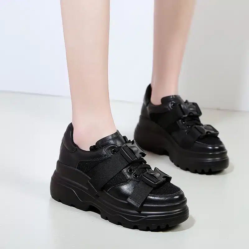 ADBOOV Leather + Mesh Platform Sneakers Women 2018 Fashion Buckle Women Dad Shoes Flat Walking Shoes Woman Casual Footwear 7