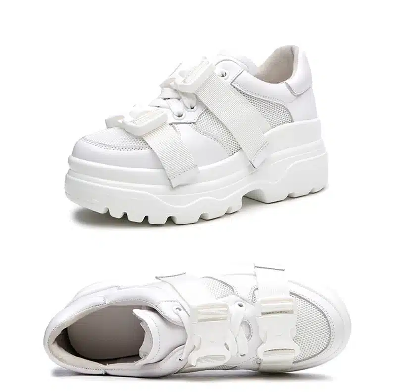 ADBOOV Leather + Mesh Platform Sneakers Women 2018 Fashion Buckle Women Dad Shoes Flat Walking Shoes Woman Casual Footwear 10