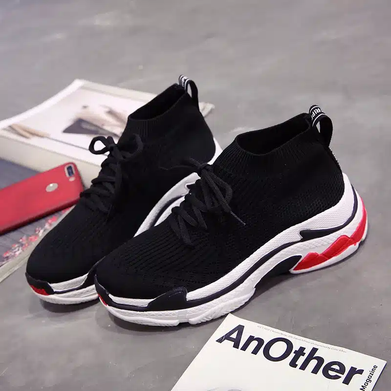 ADBOOV 2018 High Top Fashion Sneakers Women Breathable Knit Upper Platform Shoes Tenis Feminino Casual Shoes Women Black/Red 4